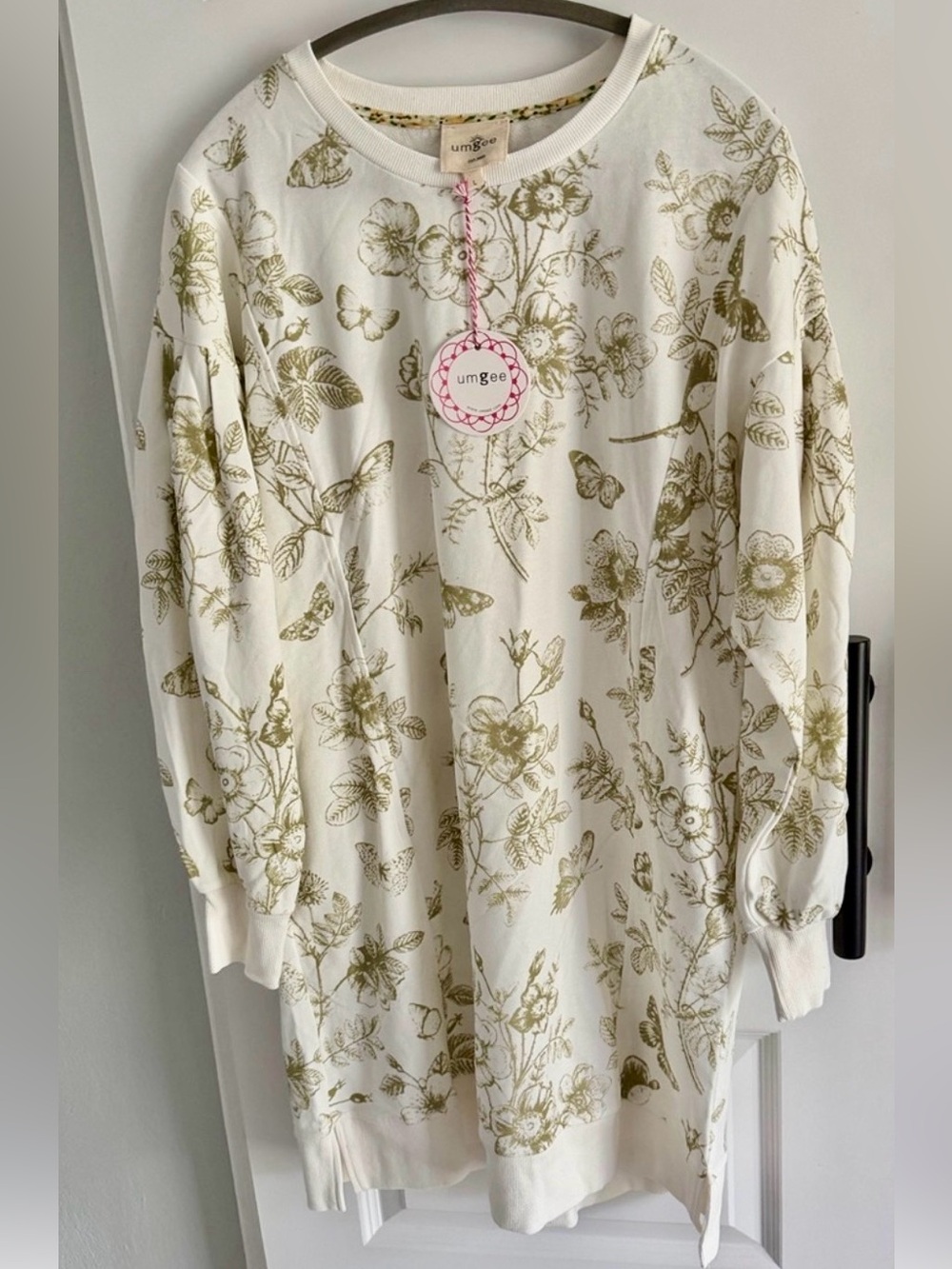 Umgee Cream Tunic dress with Olive Floral & Butterfly Print large